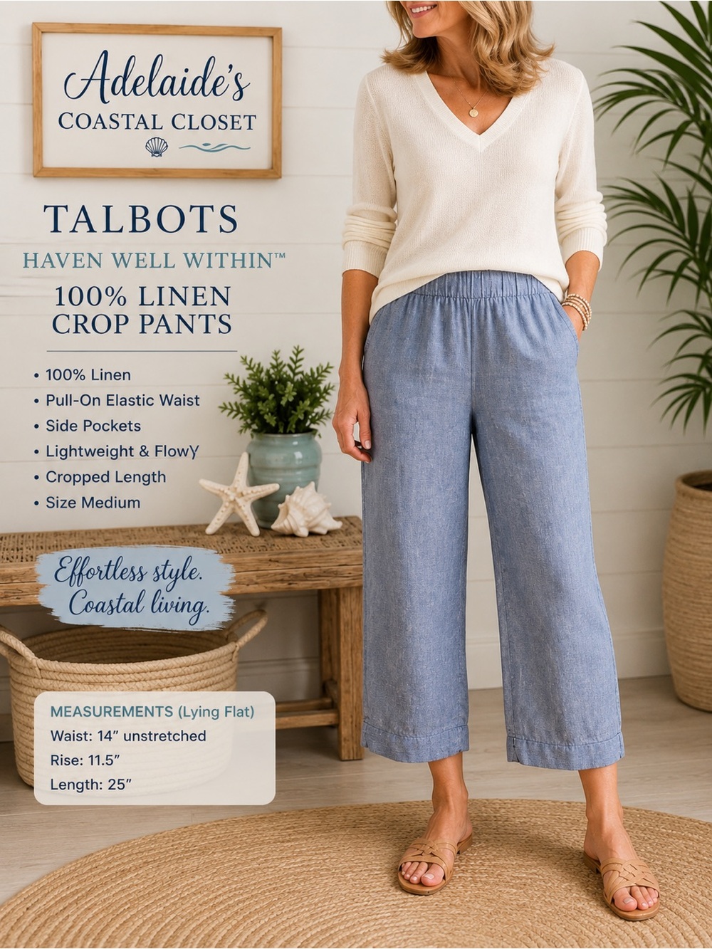 Talbots Haven Well Within 100% Linen Pull-On Pants M Chambray Blue